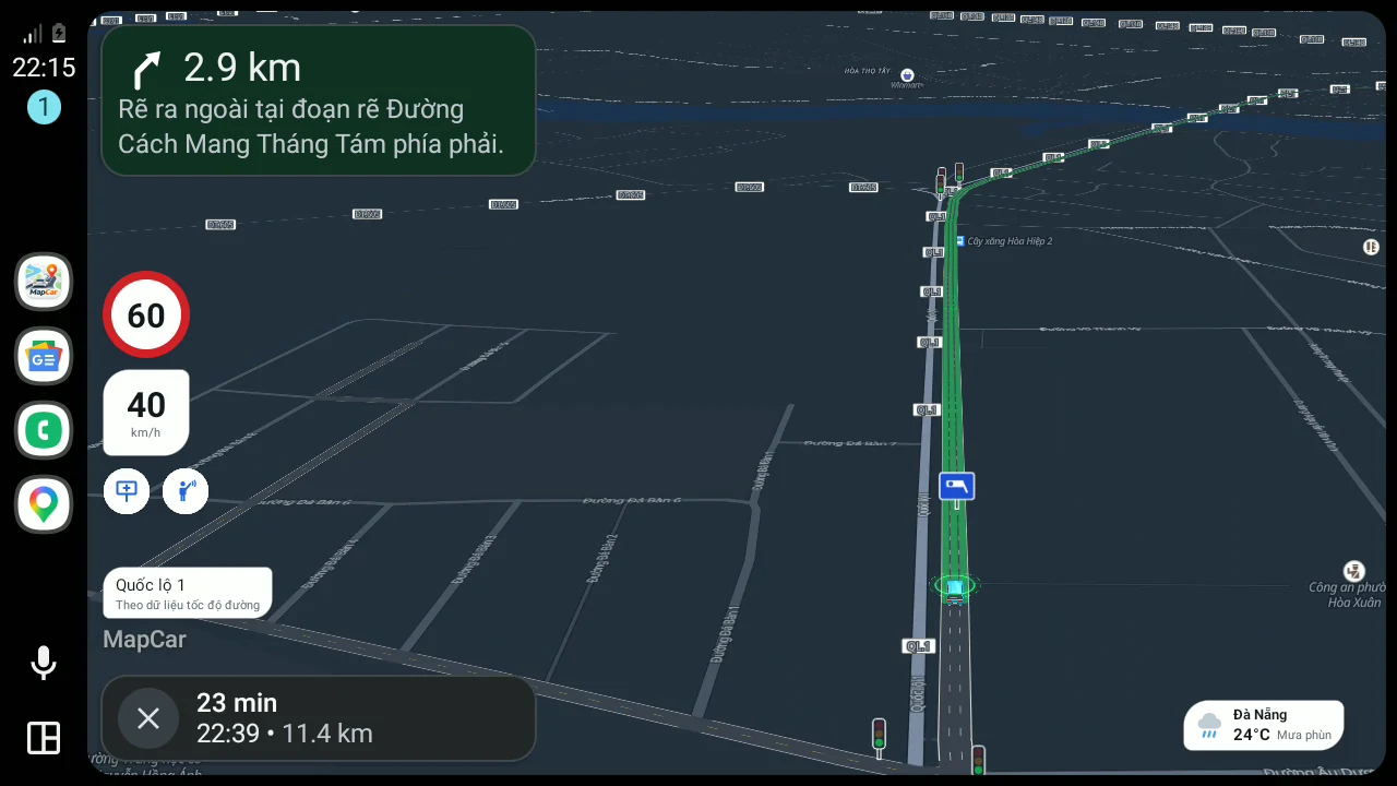 MapCar on Android Auto navigating National Road 1 with a 60 km/h sign