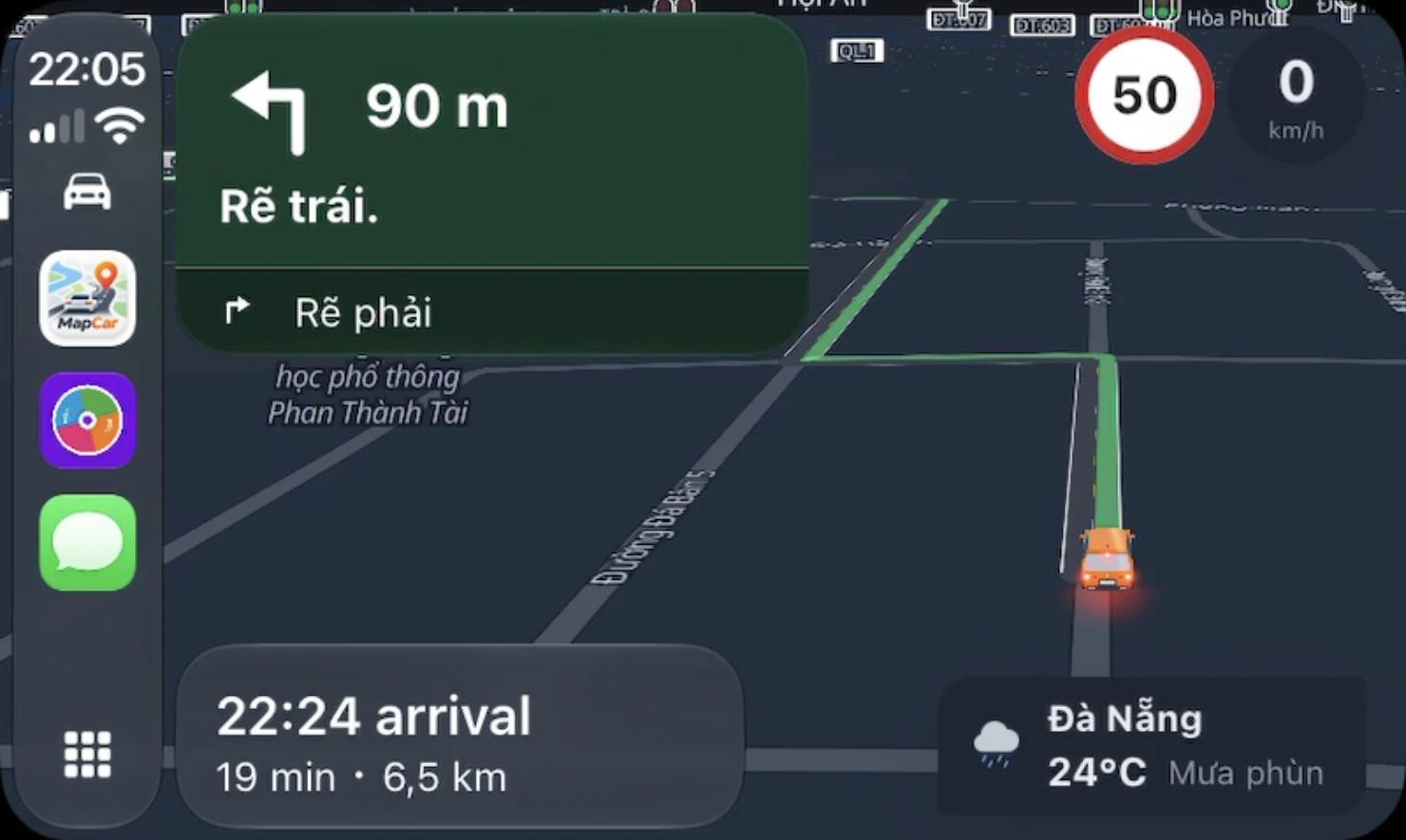 MapCar on CarPlay navigating: turn left in 90 m, 50 sign, arrival time