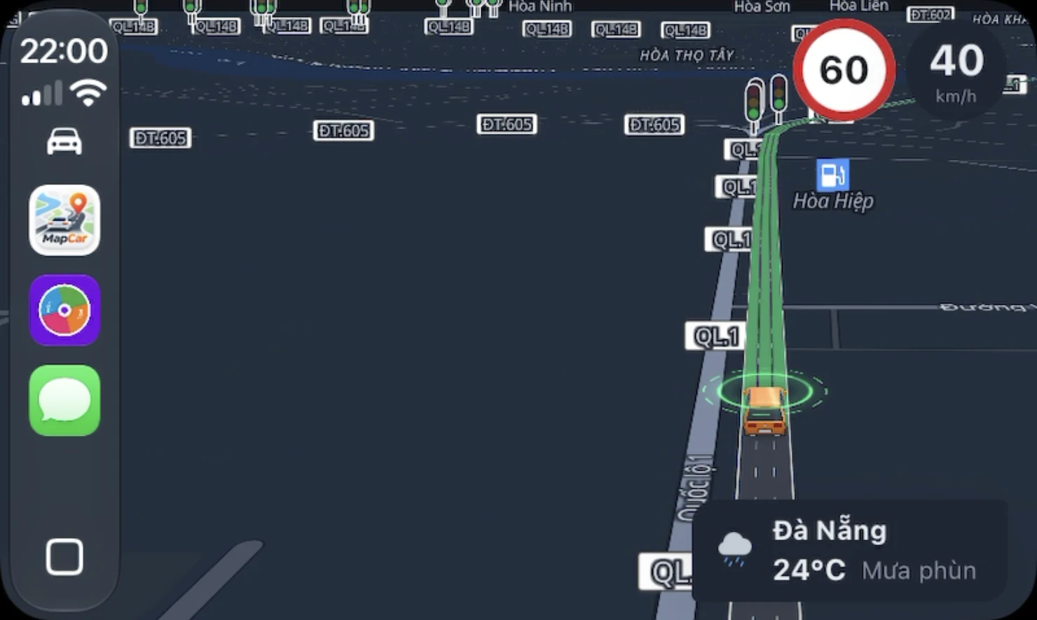 MapCar on CarPlay driving National Road 1 with a 60 km/h limit sign