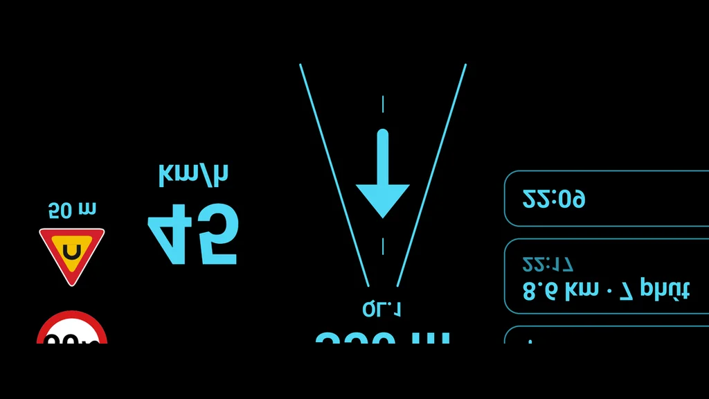 Windshield HUD screen on the phone: black background, mirrored text, big speed, limit sign and turn instruction