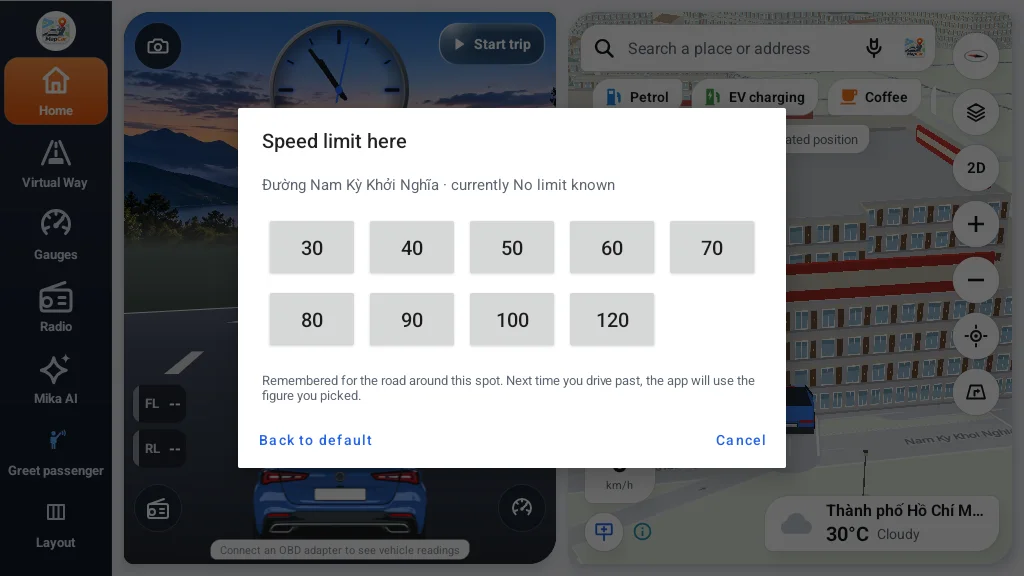 The Speed limit here dialog after tapping the limit sign: a 30–120 grid and a Back to default button