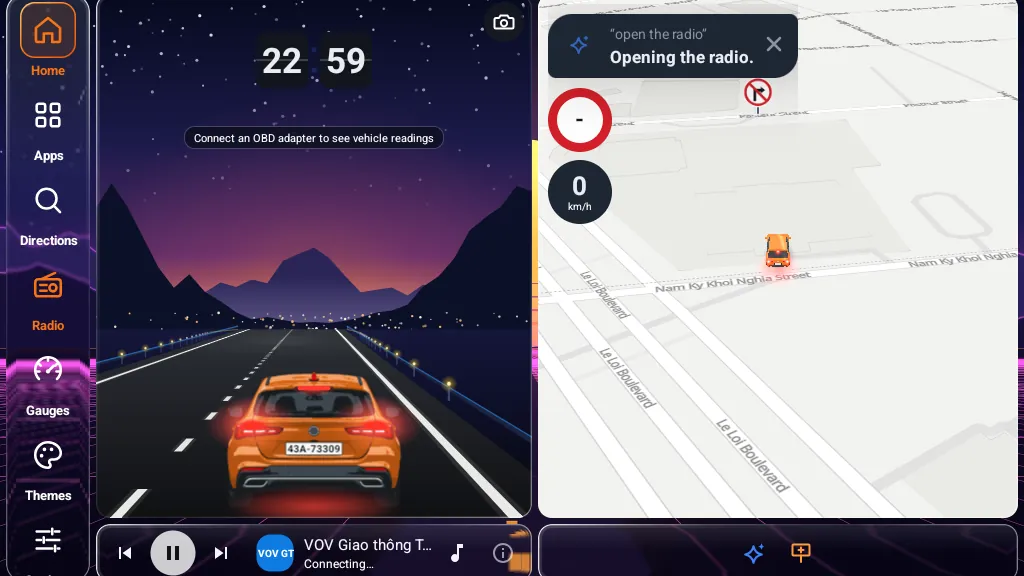 Mika card on the map: the heard sentence “open the radio” and the reply Opening the radio; the radio bar below starts playing