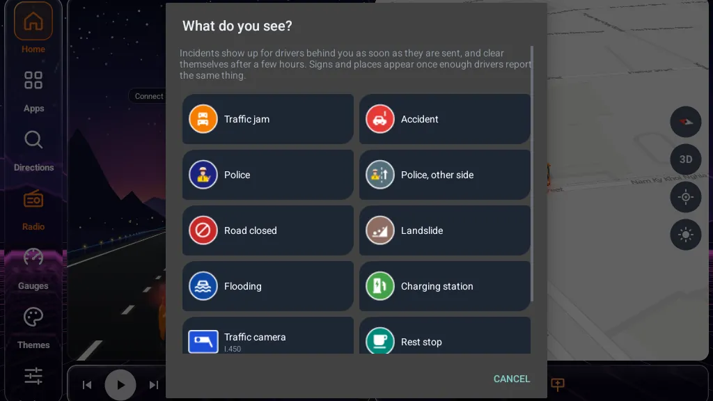 The What do you see? dialog with report types: Traffic jam, Accident, Police, Road closed, Landslide, Flooding, Charging station…