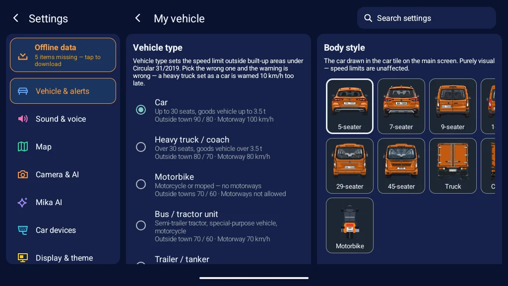 Settings → My vehicle: pick the vehicle type (car, heavy truck, motorbike…) and body style
