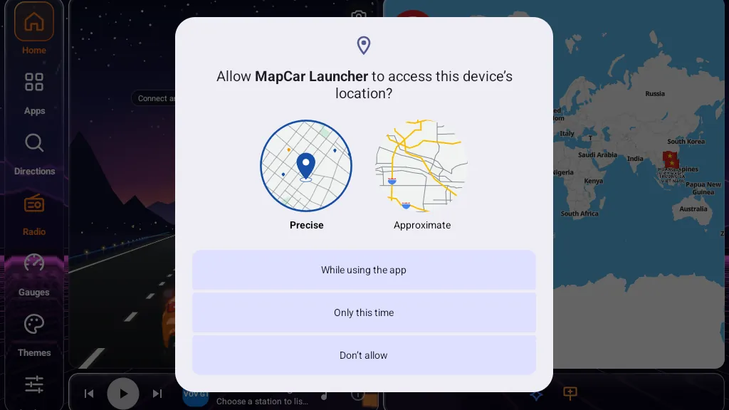 Android location permission dialog for MapCar Launcher: Precise, While using the app