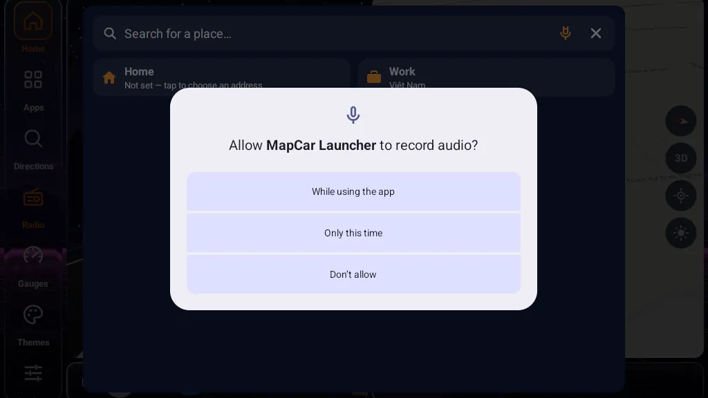 Android microphone permission dialog for MapCar Launcher — needed for the Mika assistant