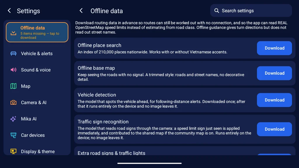Settings → Offline data: place search, base map, vehicle and sign recognition, each with a Download button