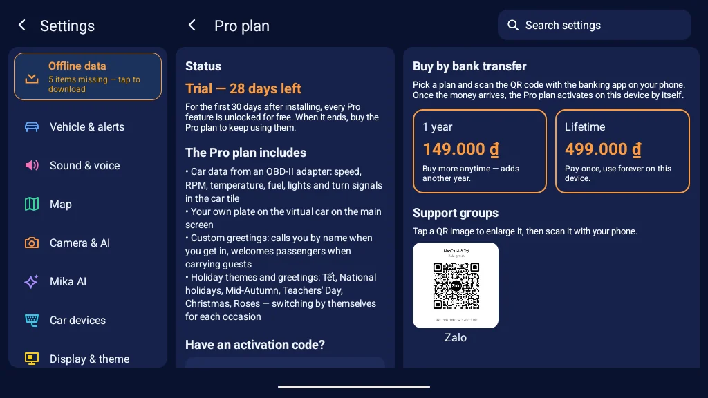 Settings → Pro plan showing Trial — 28 days left, with the activation-code box and bank-transfer prices
