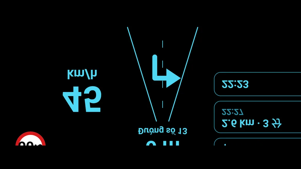 スマホのフロントガラス HUD 画面：黒い背景、鏡像の文字、大きな速度、制限標識と曲がる指示
