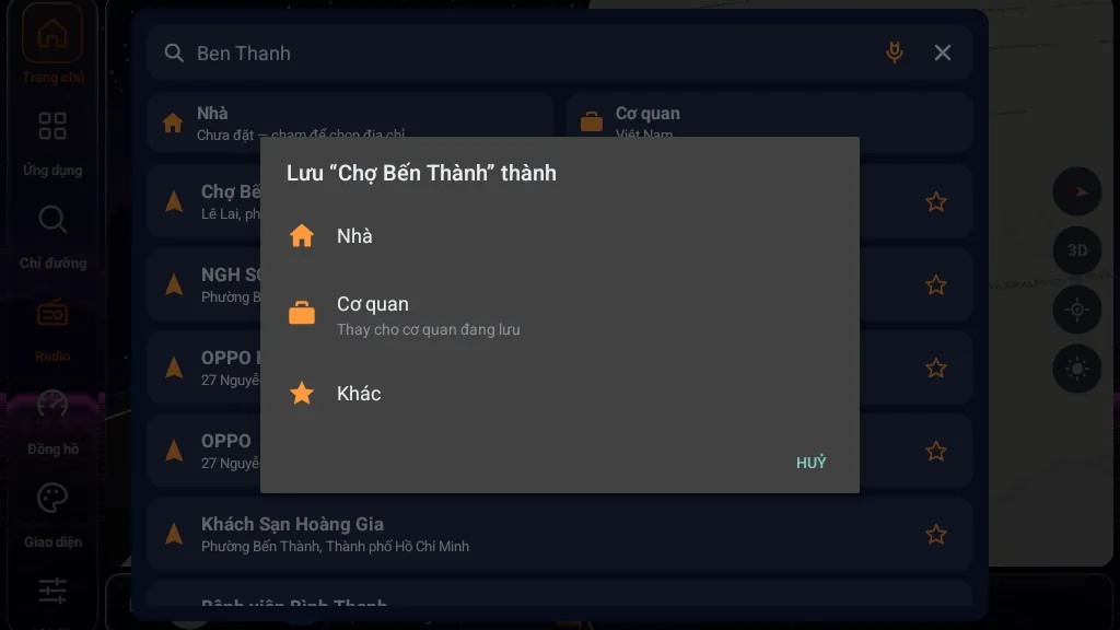Ô tìm kiếm với kết quả Chợ Bến Thành, ngôi sao bên phải và hộp thoại Lưu thành Nhà / Cơ quan / Khác