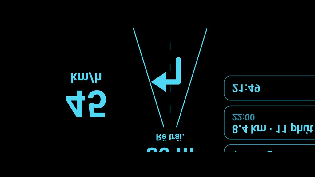 Màn hình HUD kính lái trên điện thoại: nền đen, chữ lật ngược, tốc độ lớn, biển giới hạn và chỉ dẫn rẽ
