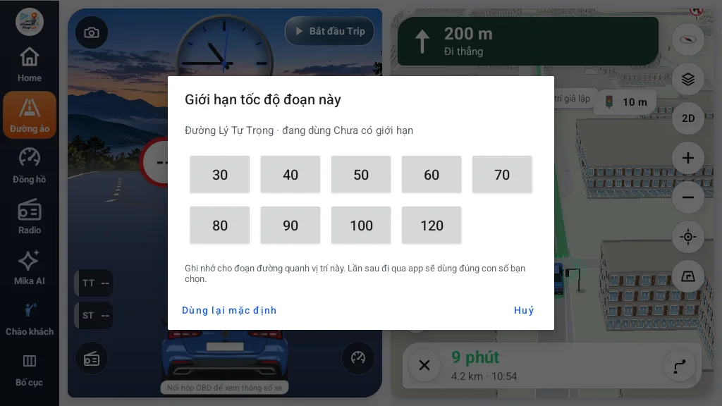 Hộp thoại Giới hạn tốc độ đoạn này sau khi chạm vào biển giới hạn: lưới số 30–120 và nút Dùng lại mặc định