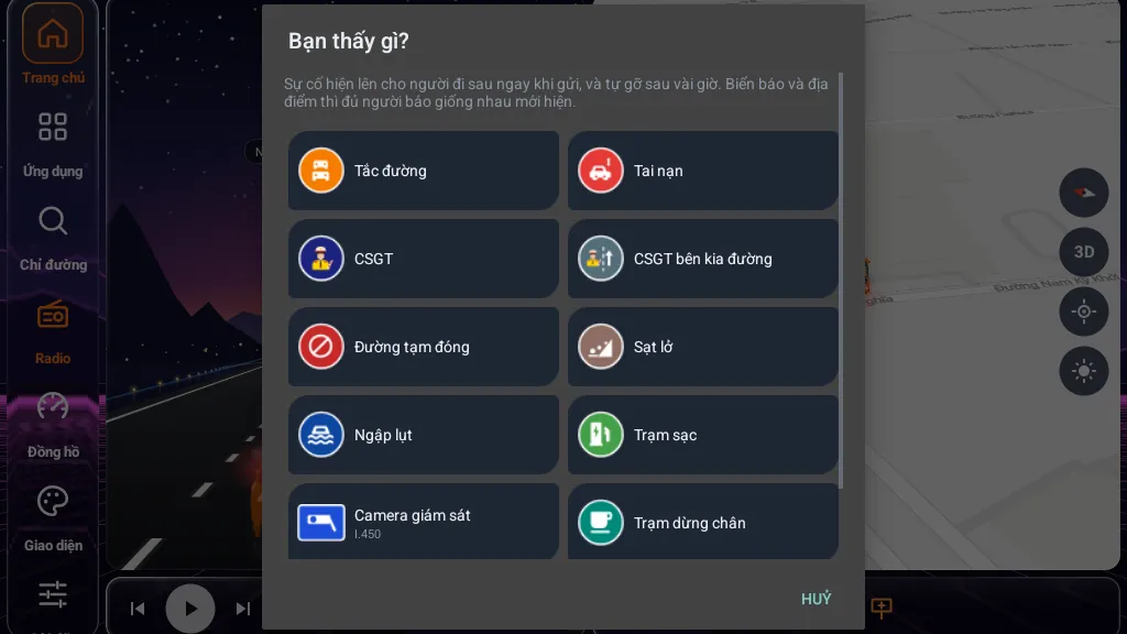 Hộp thoại Bạn thấy gì? với các loại báo cáo: Tắc đường, Tai nạn, CSGT, Đường tạm đóng, Sạt lở, Ngập lụt, Trạm sạc…