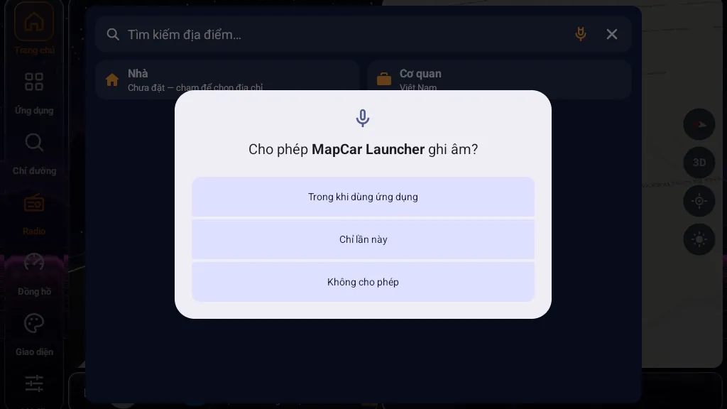 Hộp thoại Android hỏi quyền ghi âm cho MapCar Launcher — cần cho trợ lý Mika