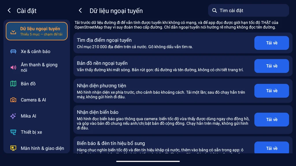 Cài đặt → Dữ liệu ngoại tuyến: tìm địa điểm, bản đồ nền, nhận diện phương tiện và biển báo, mỗi mục có nút Tải về