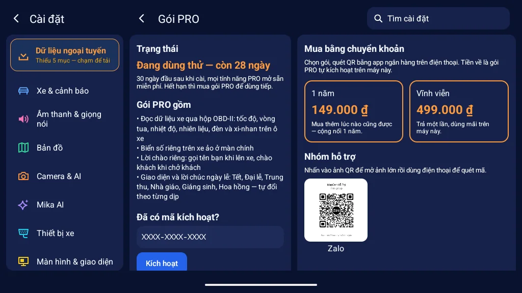 Cài đặt → Gói PRO báo Đang dùng thử — còn 28 ngày, kèm ô kích hoạt bằng mã và giá gói khi chuyển khoản