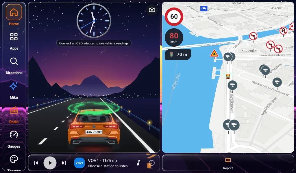 The 50 : 50 screen while speeding: 80 km/h in a 60 zone, with a traffic light 350 m ahead and no-turn signs on the map