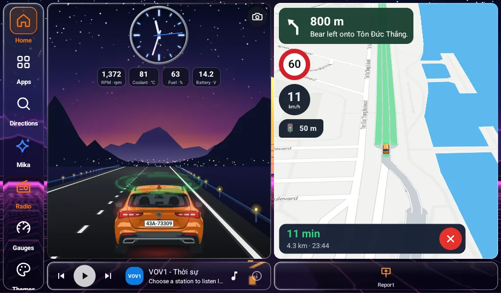 Real readings from your car, plus a vehicle type that sets the speed-limit table