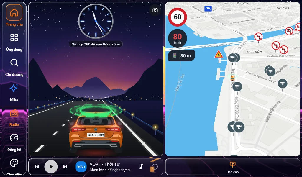 Màn hình 50 : 50 khi vượt tốc: 80 km/h trong vùng giới hạn 60, phía trước 350 m có đèn tín hiệu, biển cấm rẽ trên bản đồ