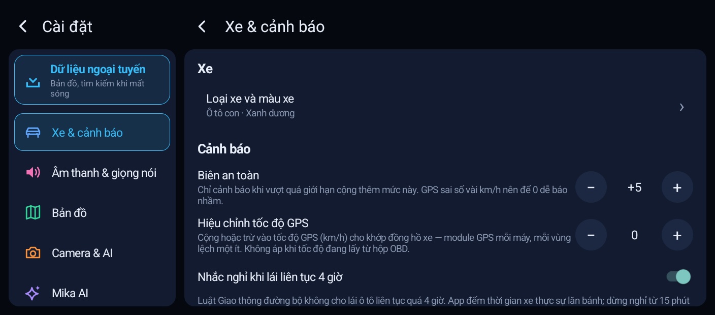 MapCar Launcher Settings: the list of tabs on the left, the Vehicle & alerts tab open on the right